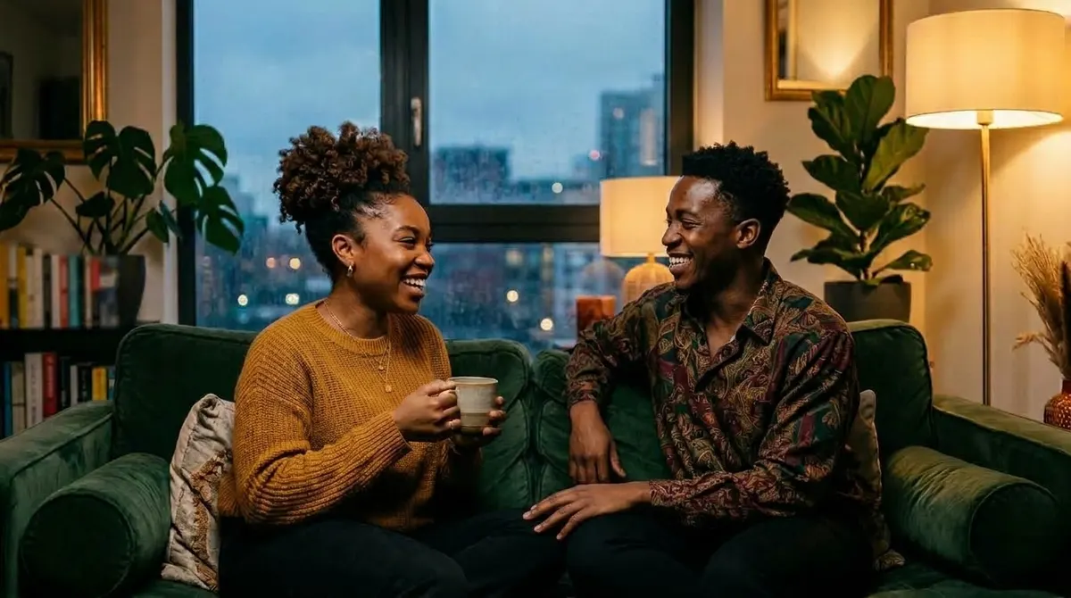 A man and woman laughing together on a sofa at home, city skyline through the window