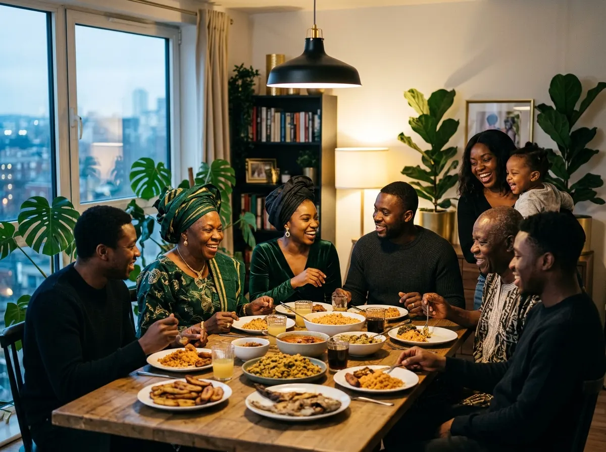 Three generations of a family laughing around a shared evening meal in a flat abroad