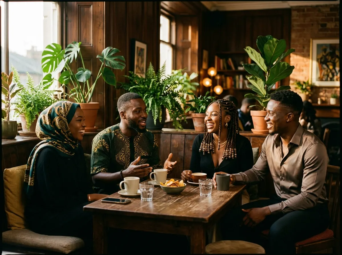 Four friends talking and laughing around a table in a warm wood-panelled café