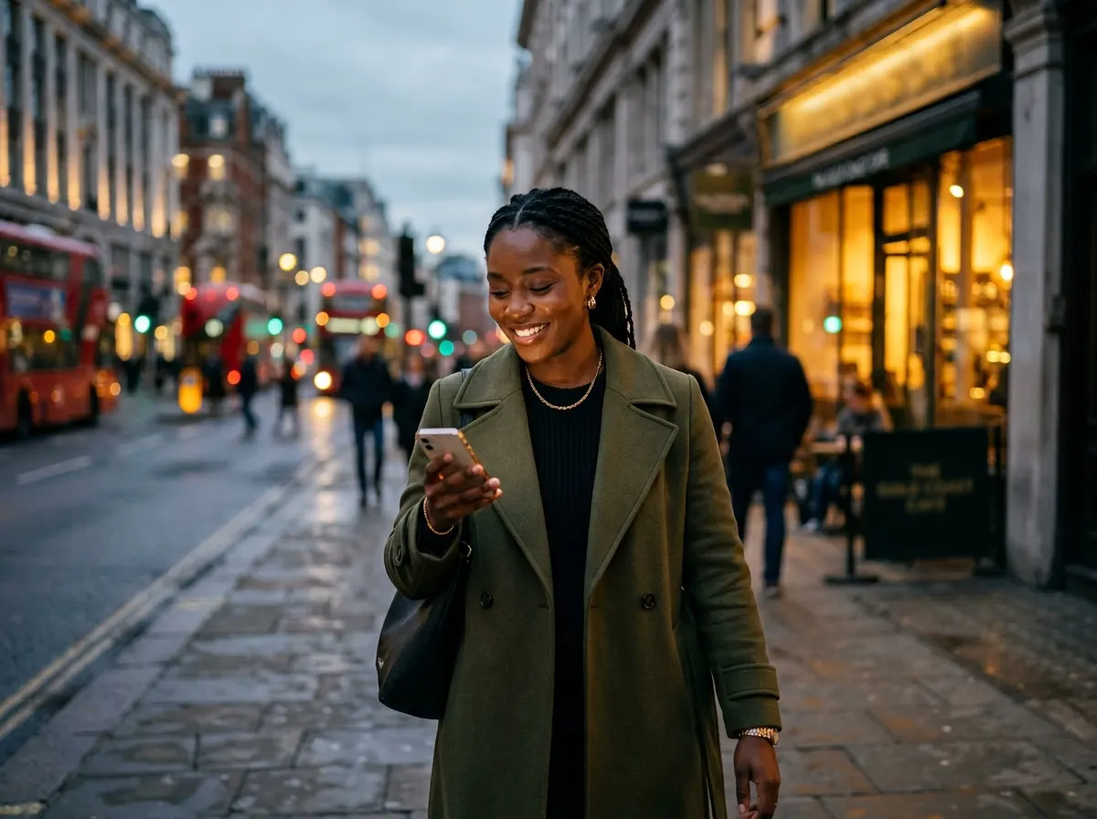 A woman smiling at her phone while walking a city street at dusk