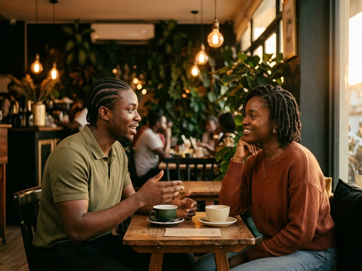 Two people talking across a café table in warm evening light