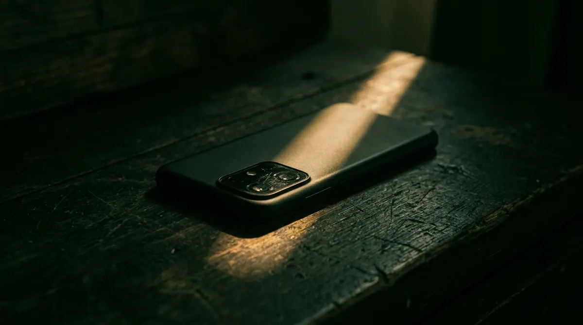A phone lying face-down on a dark wooden table in a shaft of light