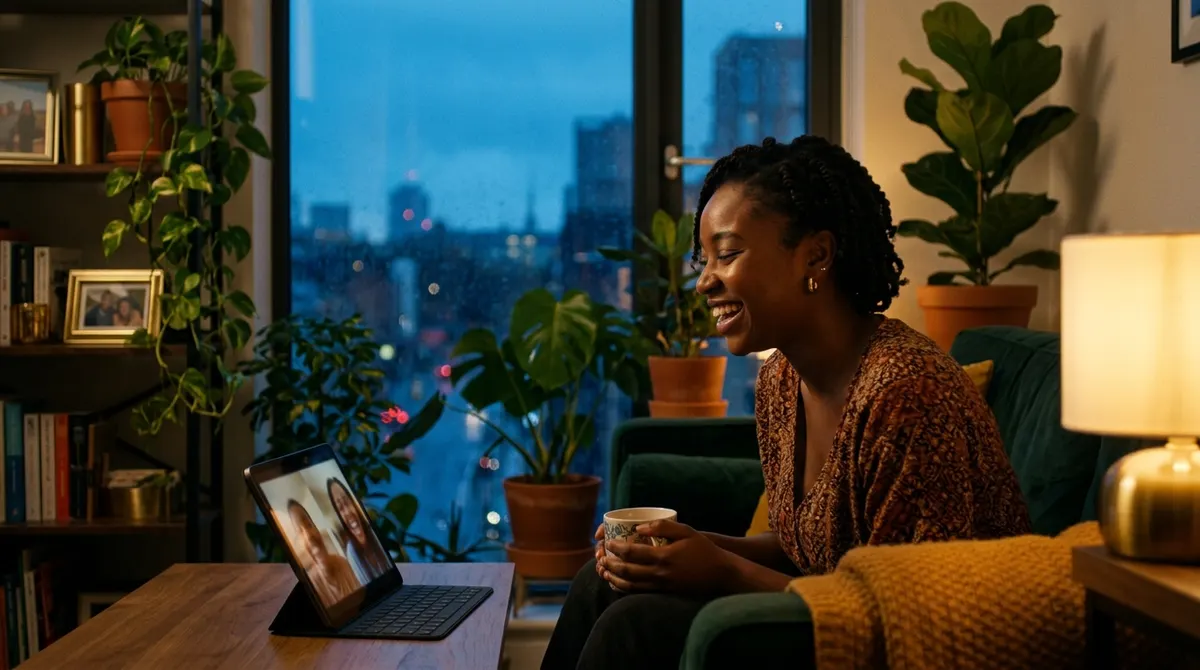 A woman on an evening video call at home, city lights behind her