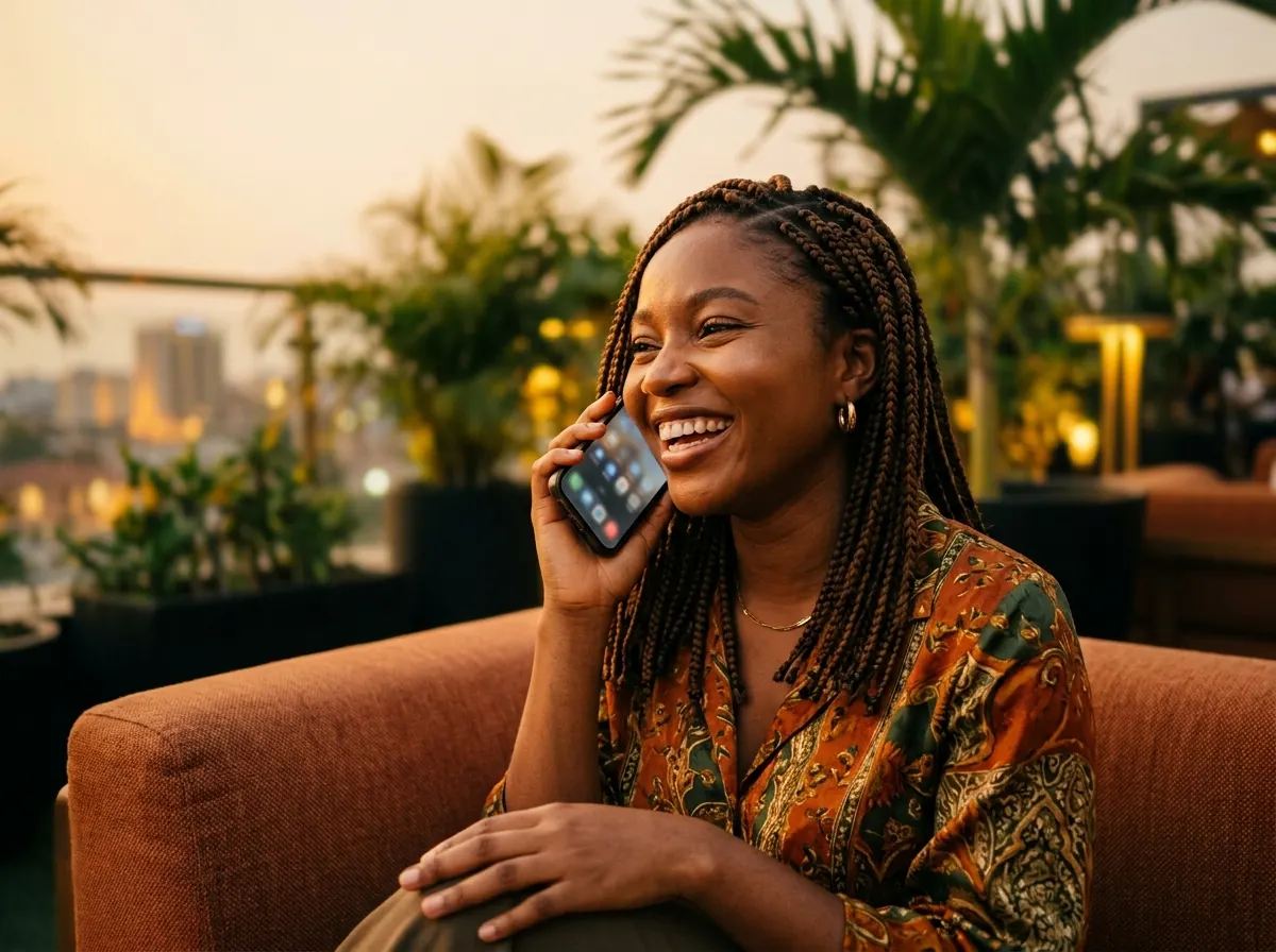 Woman laughing during a voice call on a rooftop terrace at sunset