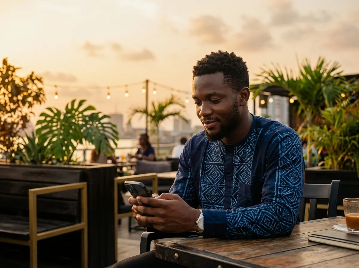 Man reading his daily matches on his phone at a rooftop café at sunset