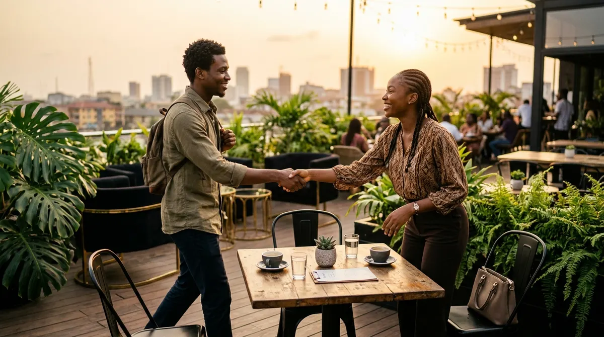 Two people greeting each other at a rooftop café at sunset