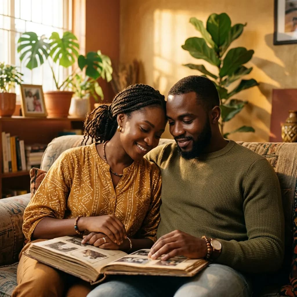 A couple sitting close on a sofa looking through a photo album