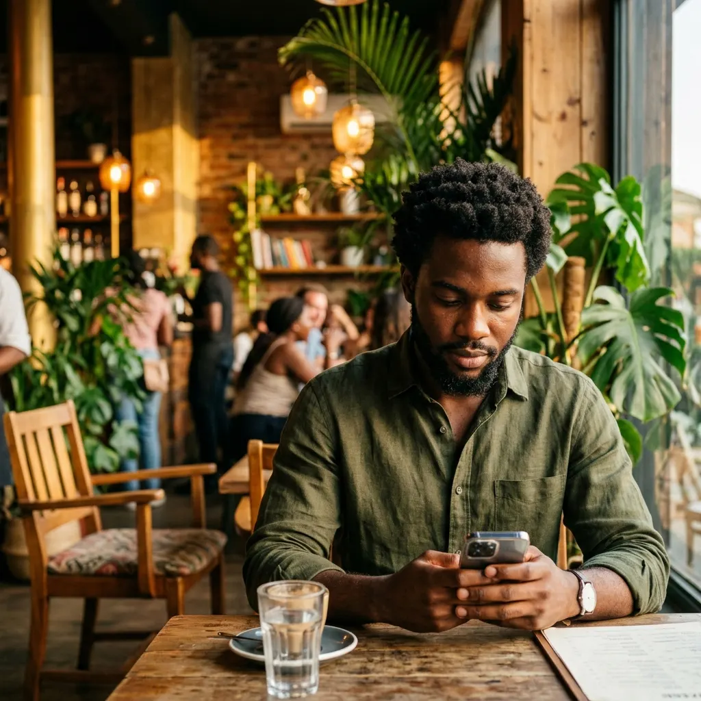 A man reading his daily matches on his phone at a café
