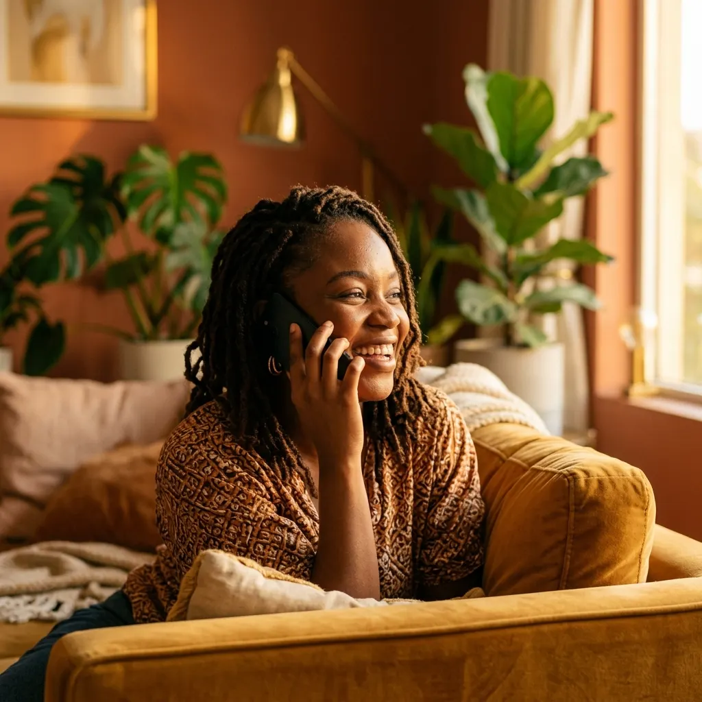 A woman laughing during a voice gist session on her sofa at home