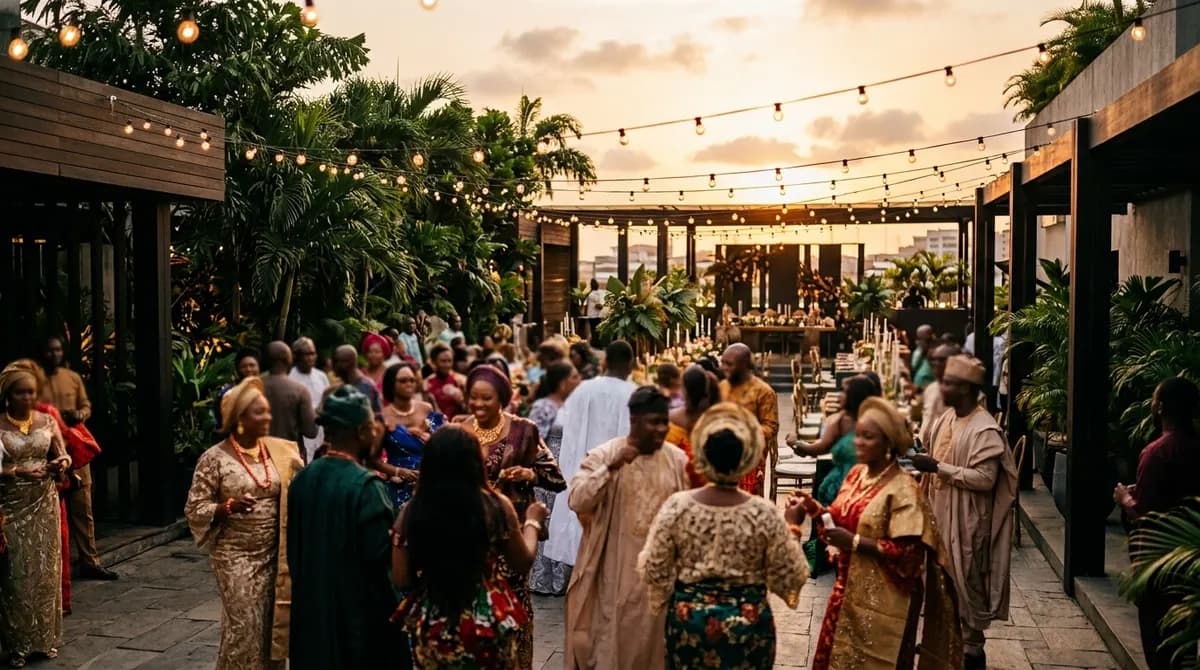 Guests in aso ebi at a rooftop wedding celebration at sunset