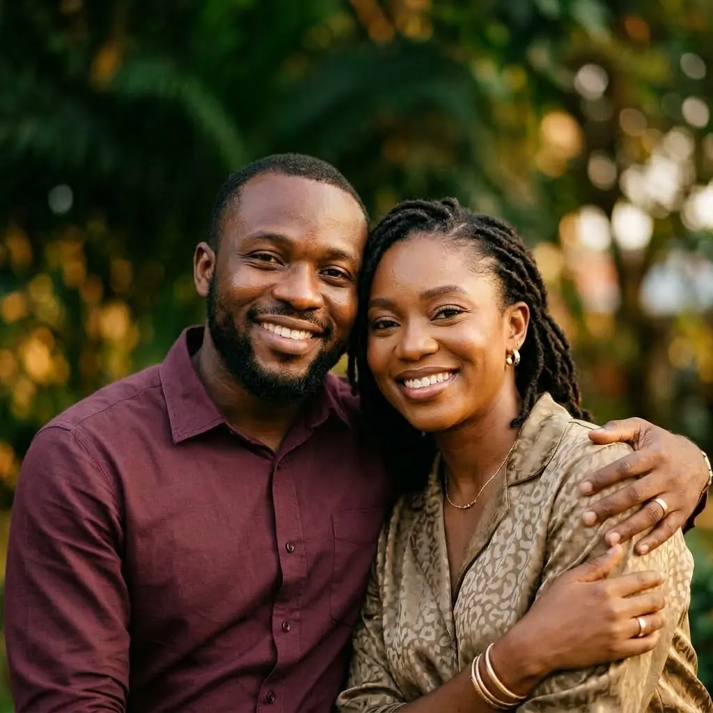 Chiamaka and Emeka smiling together outdoors at golden hour in Lagos