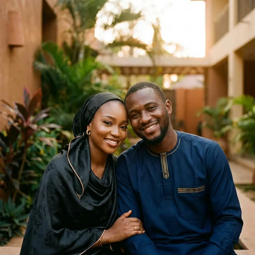 Halima and Yusuf sitting together in a garden courtyard in Abuja at golden hour