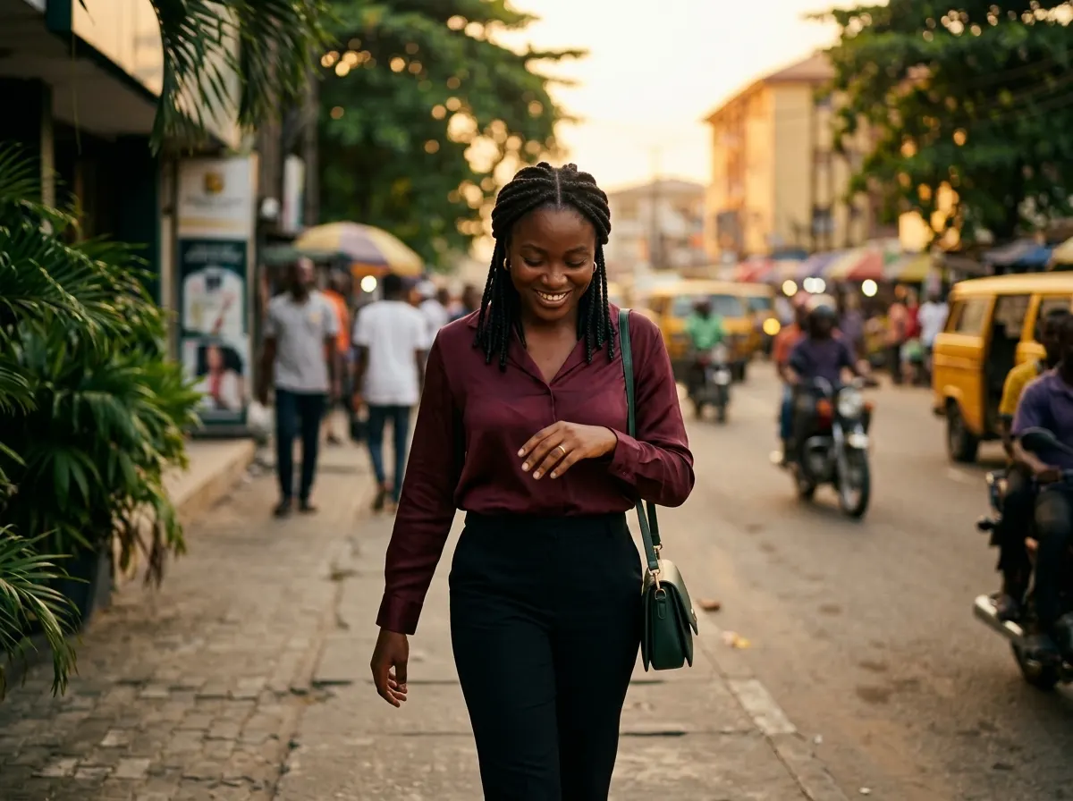 A woman walking a busy street at golden hour, smiling at her ring
