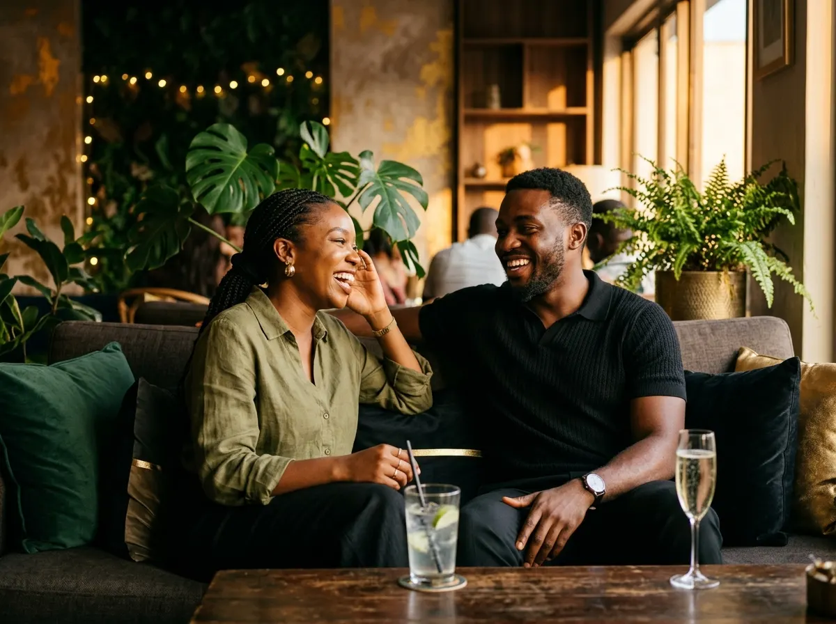 Two people laughing over drinks on a sofa in a warm-lit bar