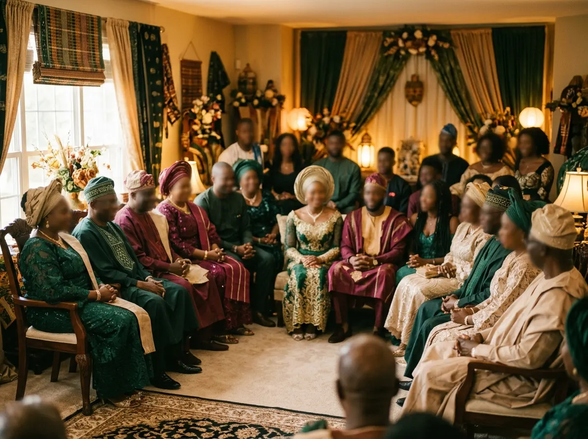 Both families seated together in aso ebi at an introduction ceremony