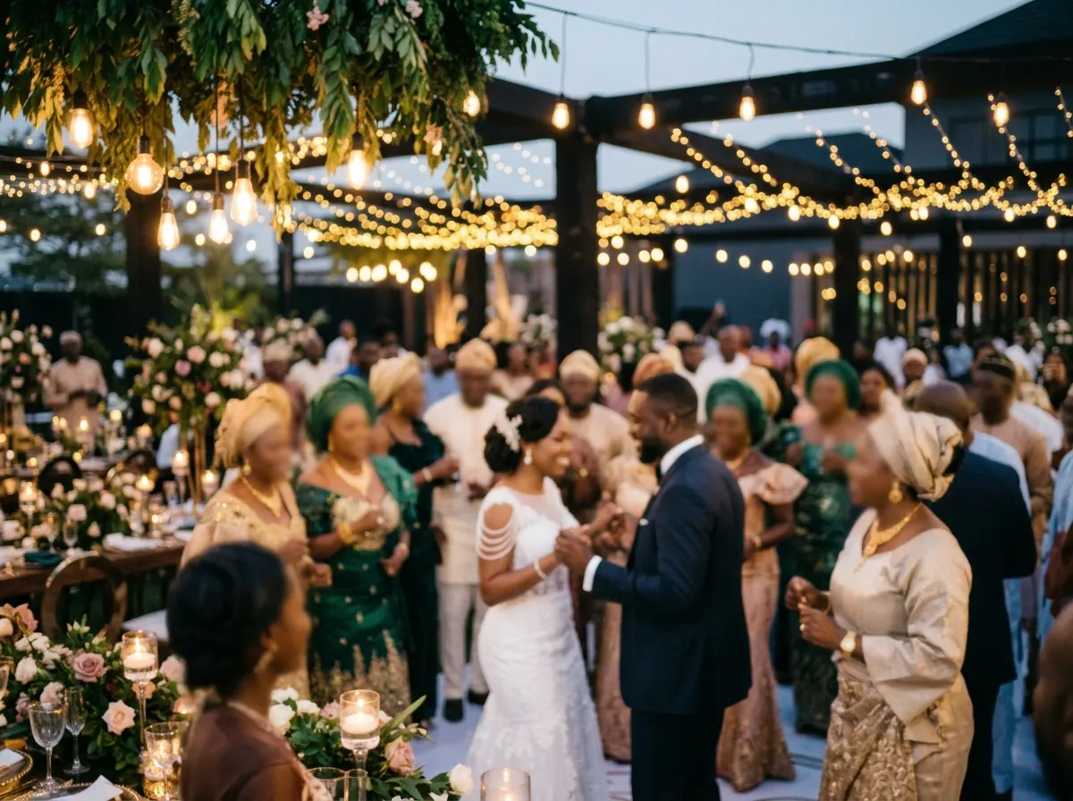 Bride and groom dancing among guests at an outdoor evening reception under string lights
